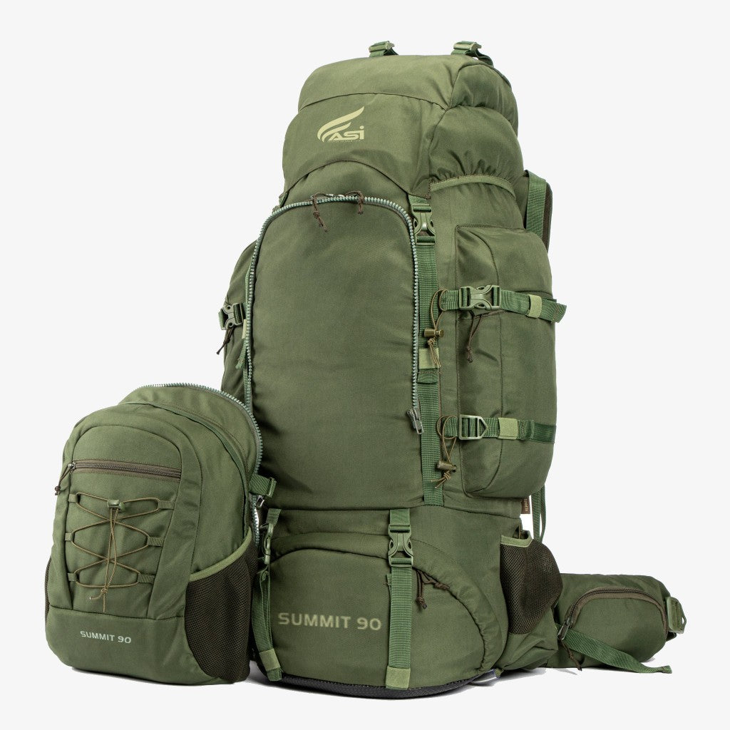 ASI Summit 90 Metal Frame Rucksack | Front Opening | Detachable Bag | Rain Cover | 90 Litres, Army Green